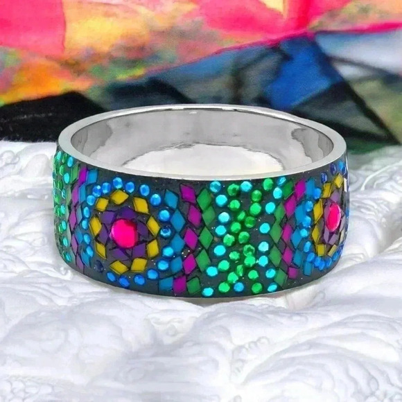 Y2K Artisan Handmade One-of-a-Kind Crystals & Rhinestones Mosaic Bangle Bracelet - Picture 5 of 13